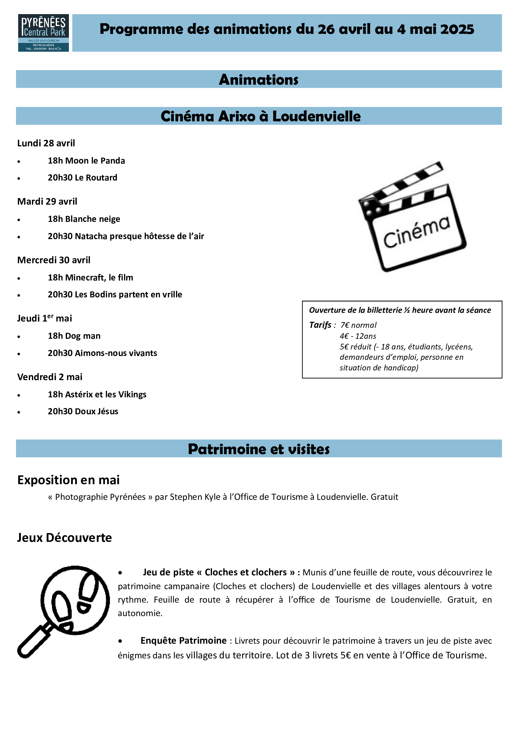 programme d'animation 26/04 au 4/05