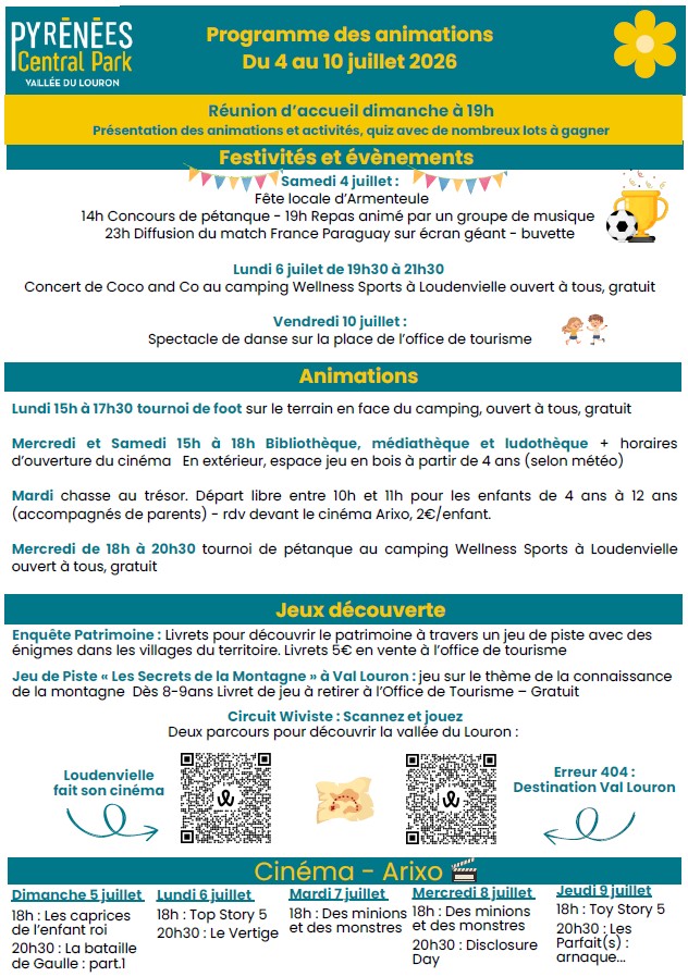 programme des animations 4 au 10 juillet 2026