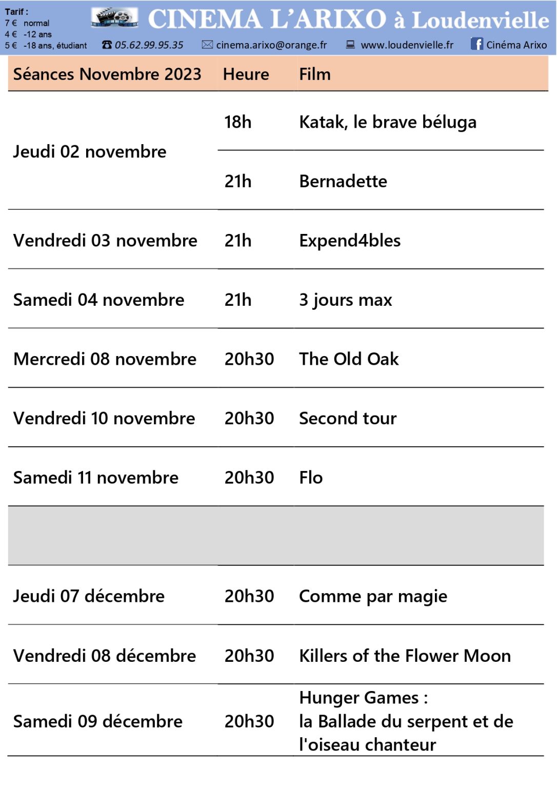 programme cinéma loudenvielle novembre